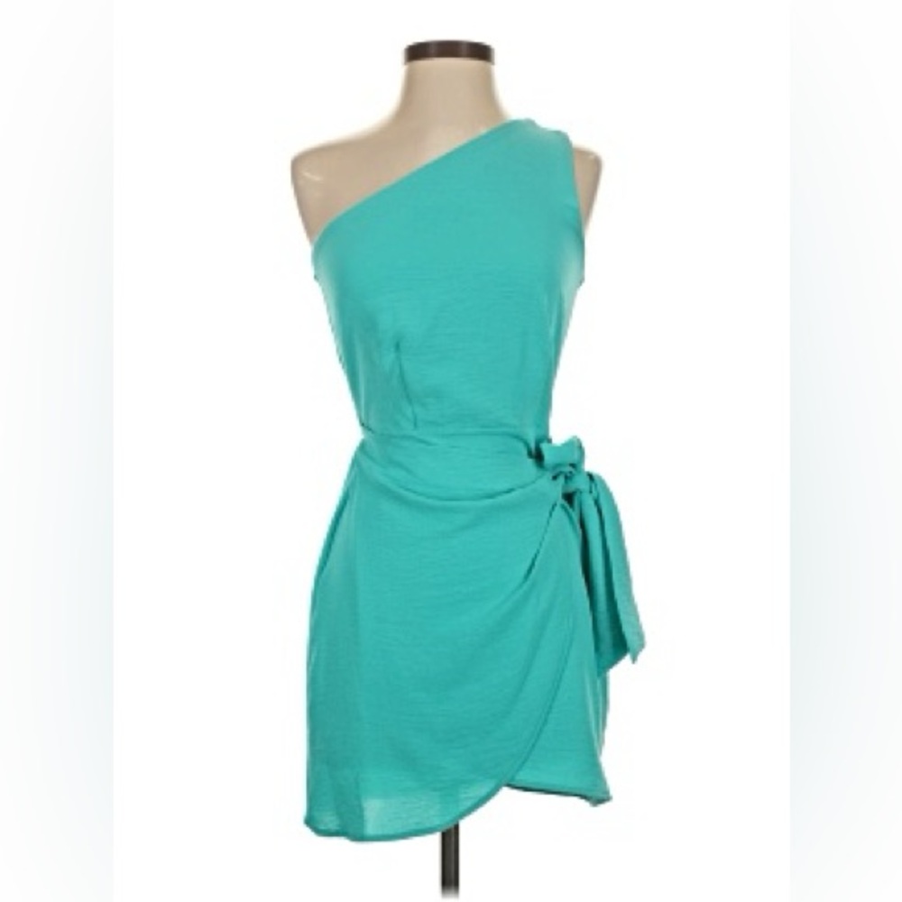 Tyche One-Shoulder Teal Wrap Dress with Side Tie Medium